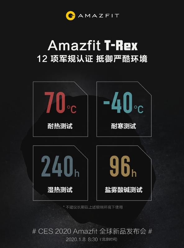 华米宣布Amazfit T-Rex手表 采用圆形表盘+12项军规认证