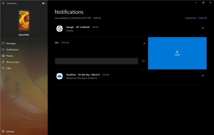 微软 Windows 10Your Phone更新：滑动消除通知