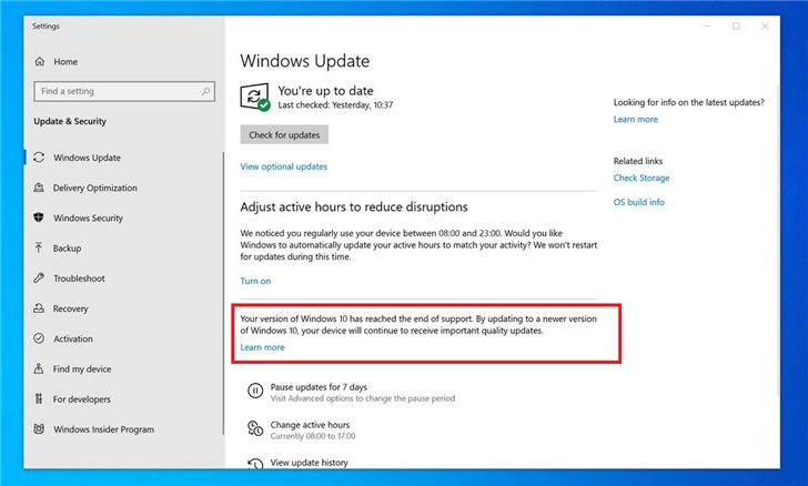 微软努力提醒 Windows 10 用户升级到受支持版本