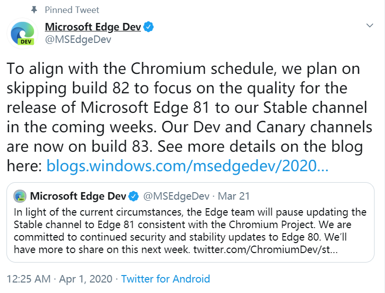 微软宣布恢复Edge浏览器更新 Edge 81稳定版即将推出