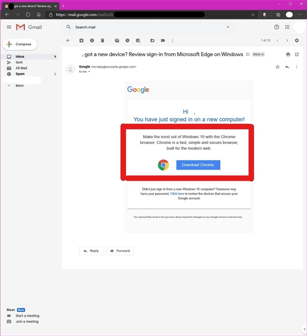 使用Edge浏览器登陆Gmail邮箱 将会收到谷歌的警告和推广邮件