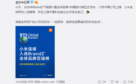 小米连续两年入选全球百大最具价值品牌榜：位列中国科技类企业前三