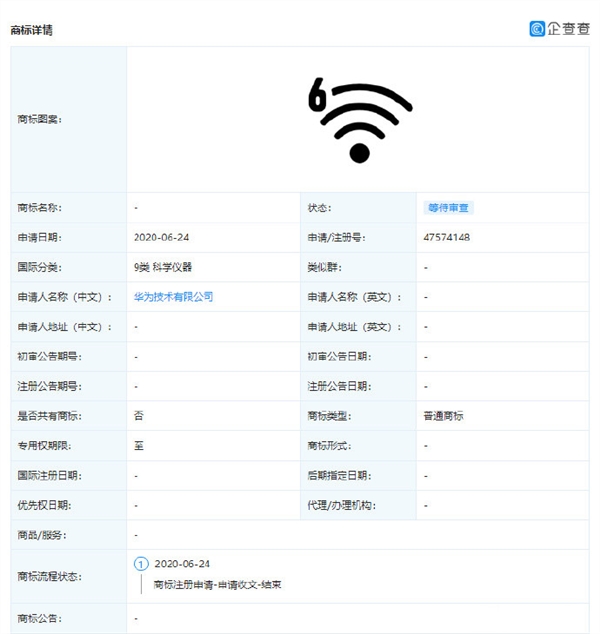 华为申请注册Wi-Fi 6商标 或是华为自研凌霄芯片的一个专有标志