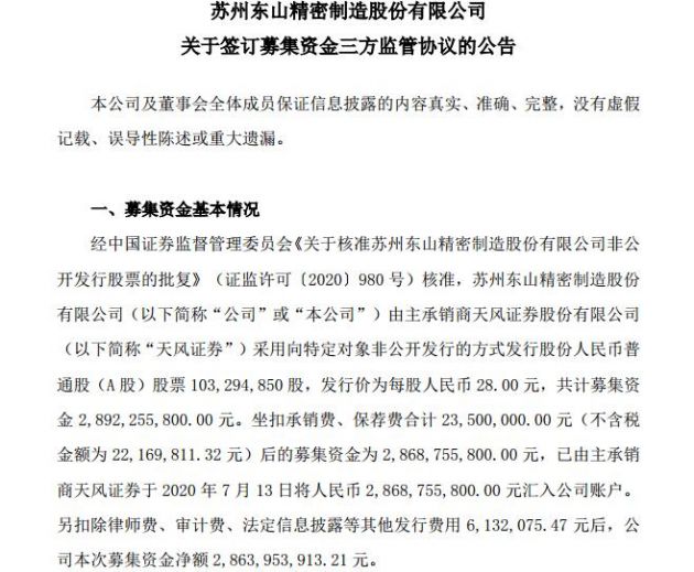 特斯拉供应商东山精密发行1.03亿股普通股股票 募集资金净额28.64亿元